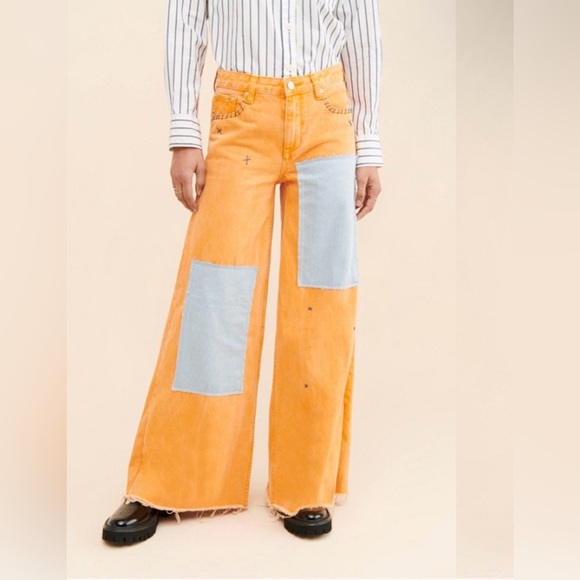 ZGY Orange Embroidered Patch Wide Leg Jeans - Picture 1 of 11